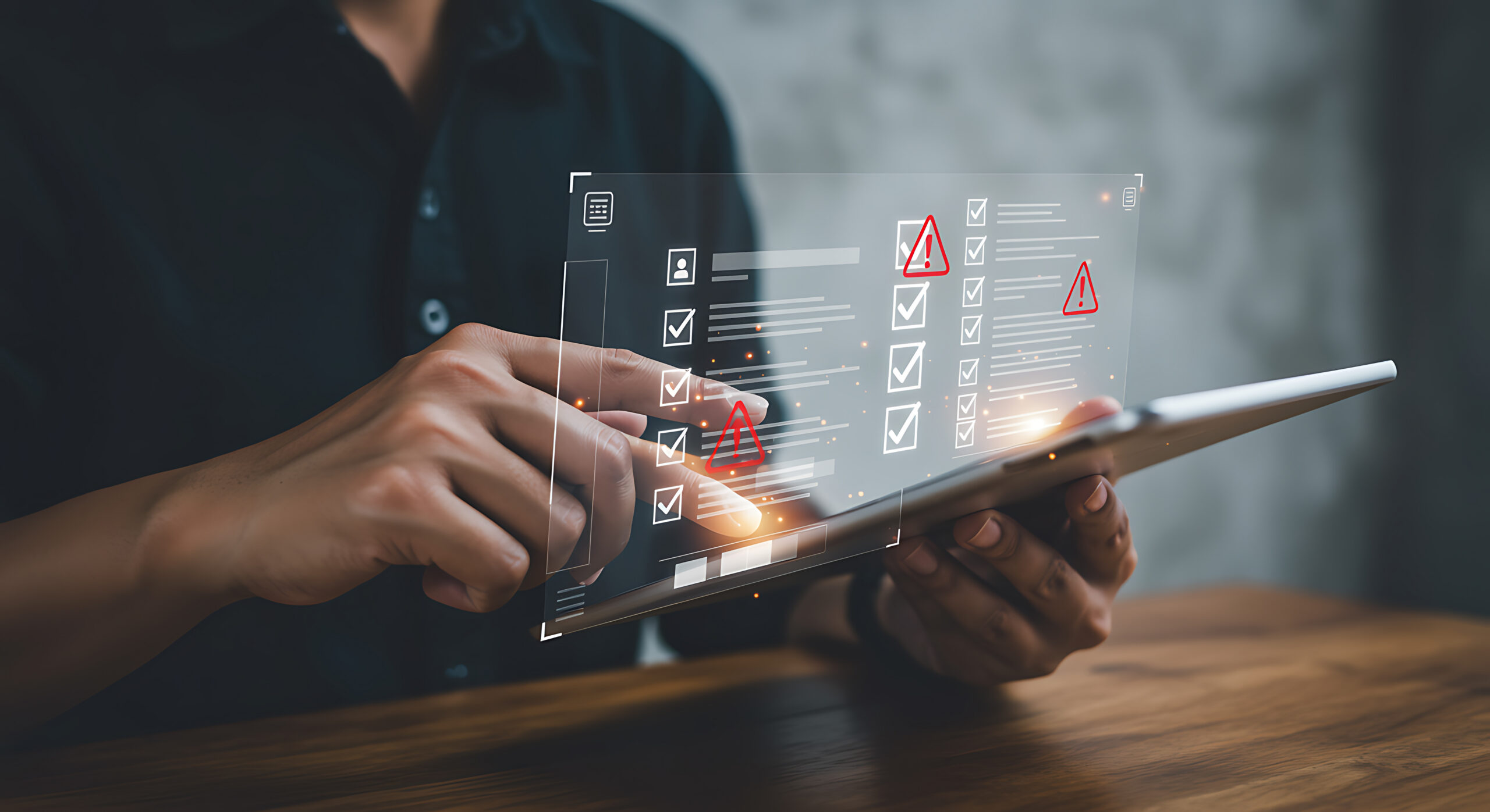 A person interacts with a tablet displaying a digital checklist highlighting warnings and errors during an assessment process. This image effectively communicates compliance concerns, potential failures, and risk areas within a business context. Ideal for illustrating data analysis, audit procedures, risk management strategies, or verification of document controls. The tablet's screen interface, accessed via a touch gesture, indicates a need for immediate review and corrective action.