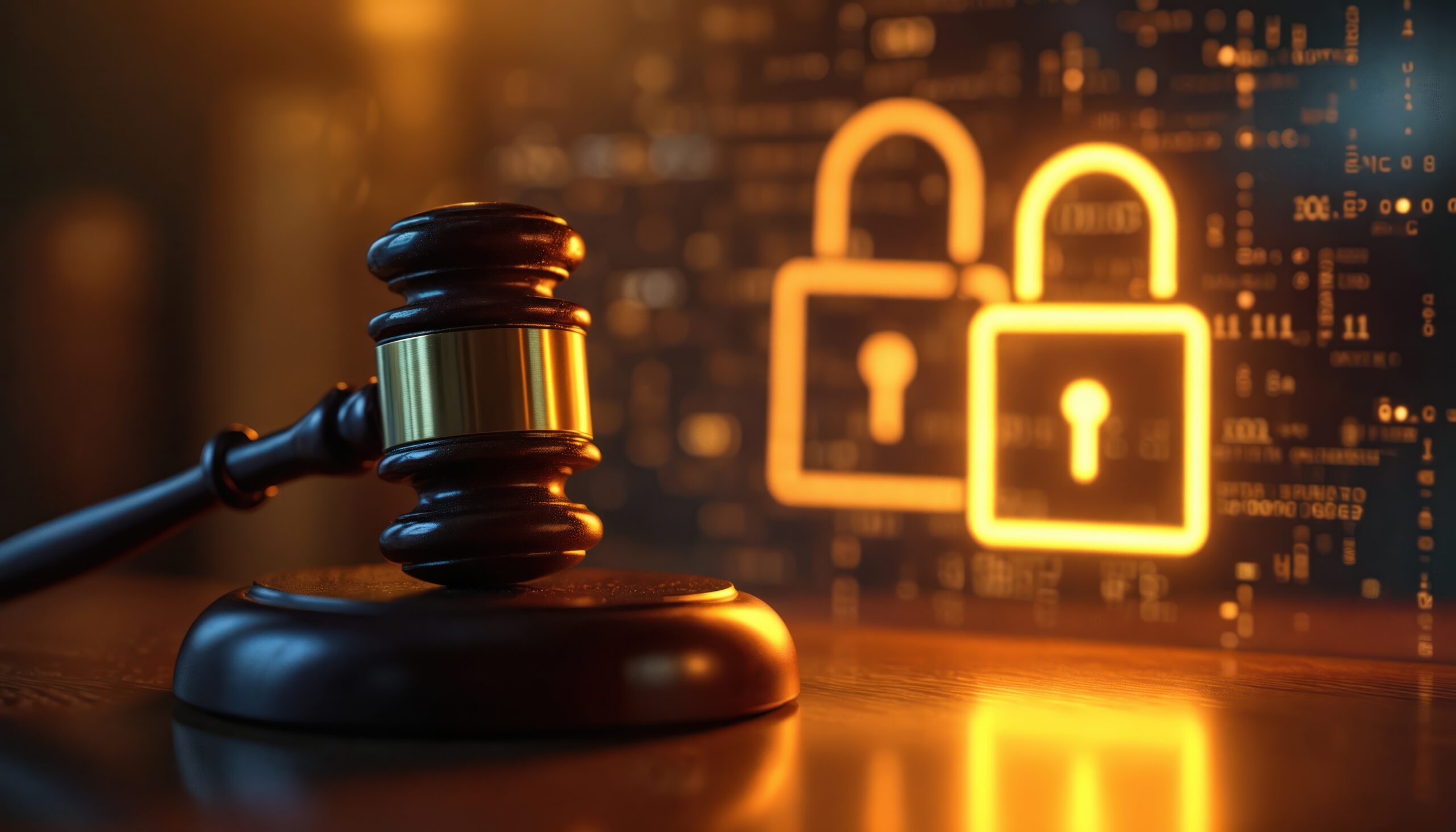Wooden gavel rests on desk next to glowing digital padlock. Binary code background suggests online legal security and data protection. Represents justice and, cyber law.